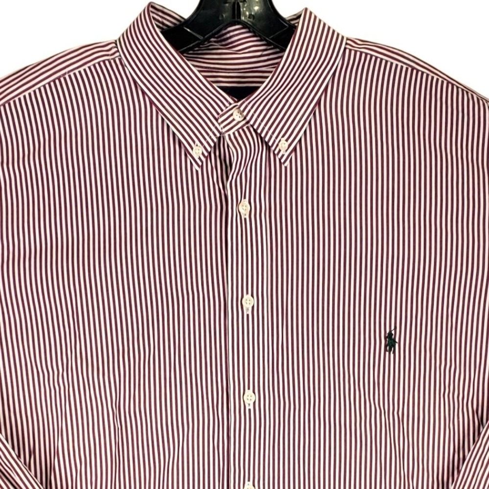Ralph Lauren Cotton Stretch Button Down Shirt Mens 2XB Burgundy Striped Preppy‎